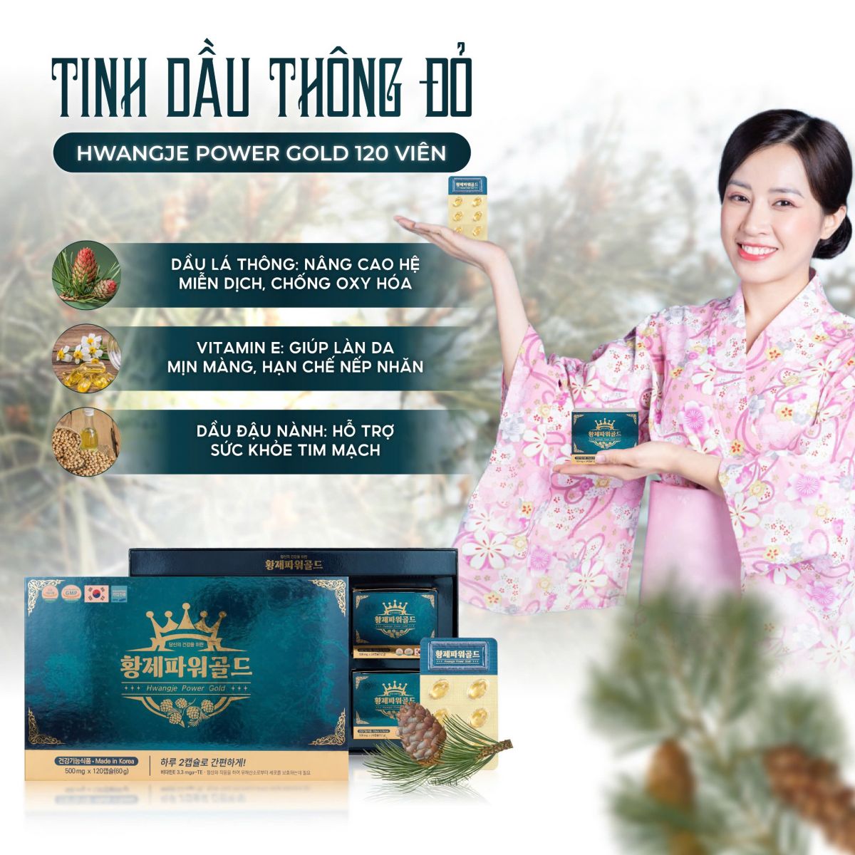 TINH DẦU THÔNG ĐỎ HWANGNJE POWER GOLD HÀN QUỐC Hộp 120 Viên 